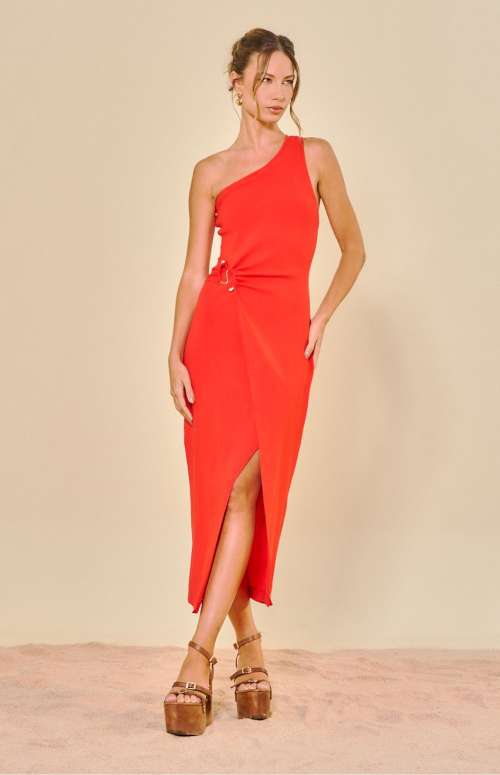 RIBBED ONE SHOULDER MIDI DRESS WITH SLIT