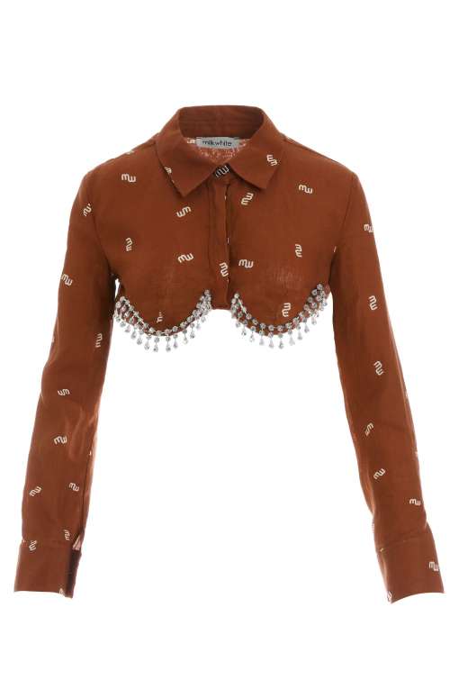 PRINTED CROPPED LINEN CRYSTAL SHIRT