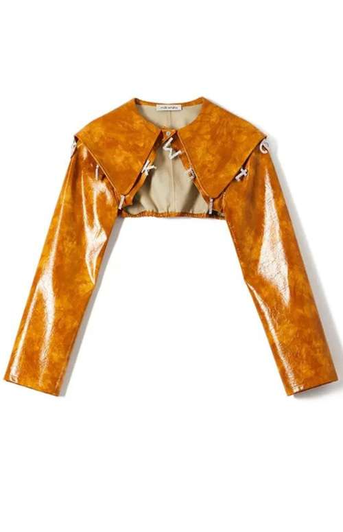 FAUX LEATHER CROPPED TOP WITH MILKWHITE LETTERS METTALIC