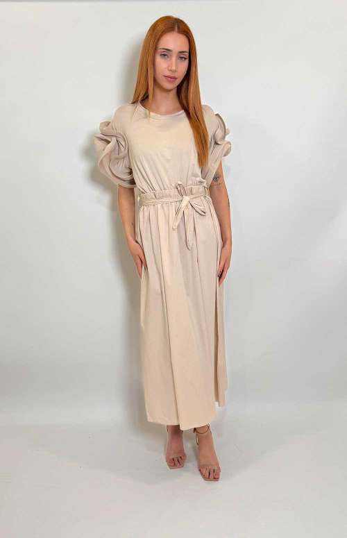 DRESS WITH RUFFLE SLEEVES | BEIGE