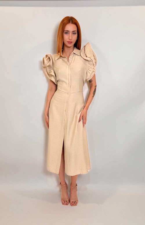 SHIRT DRESS WITH RUFFLE SLEEVES | BEIGE