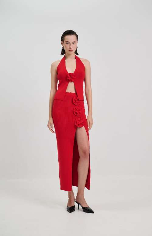 CO-ORD TOP AND SKIRT WITH FLOWERS | RED