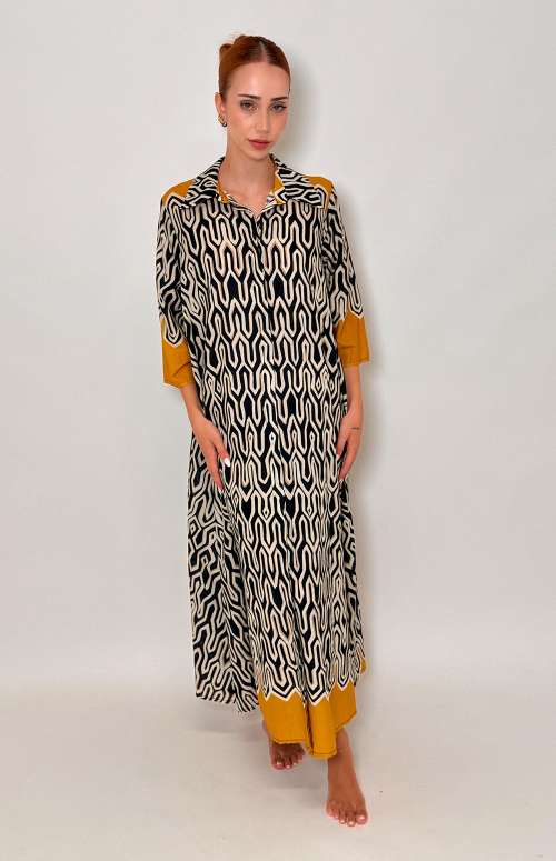 PRINTED SHIRT DRESS | BLUE & MUSTARD