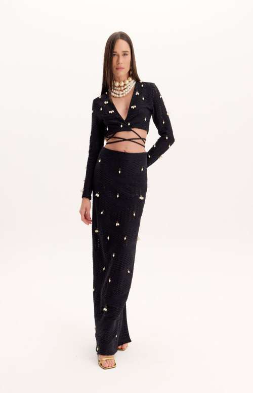 MAXI FITTED SKIRT WITH APPLIQUES