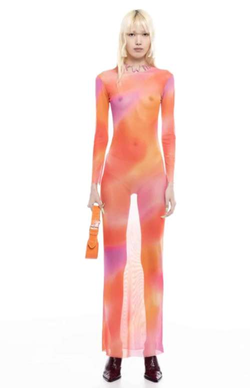 PRINTED LONG MESH DRESS
