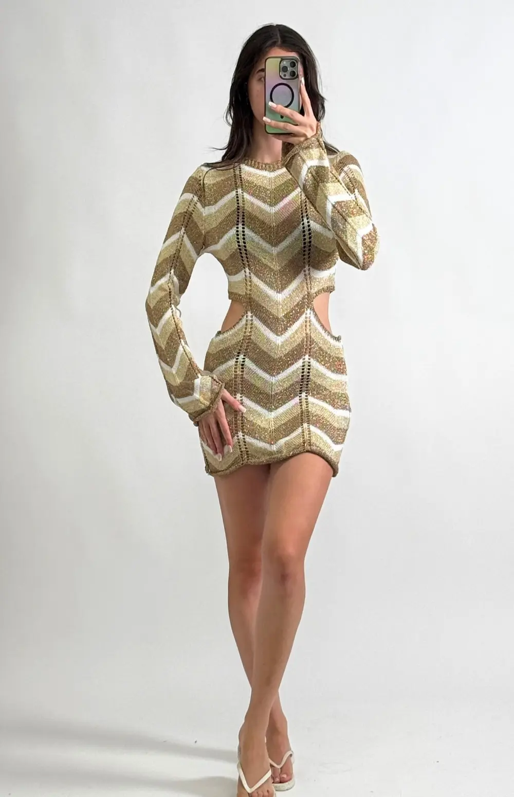 KNIT LONG SLEEVE DRESS WITH CUT OUTS
