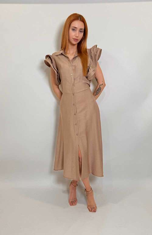 SHIRT DRESS WITH RUFFLE SLEEVES | BROWN