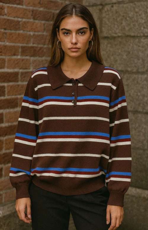 STRIPED POLO COLLAR KNIT TOP