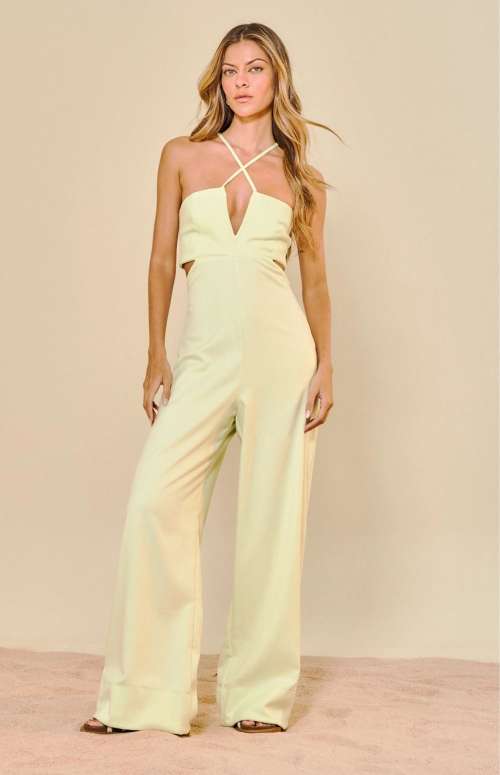 STRIPED V-NECK PANTALOON JUMPSUIT - LIGHT GREEN