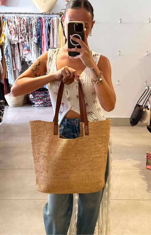 RAFFIA BEACH BAG WITH LEATHER STRAP