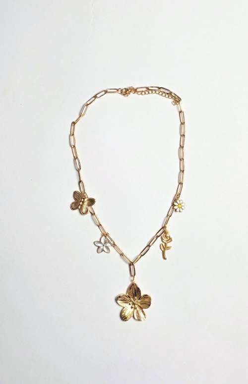 PAPERCLIP CHAIN NECKLACE WITH FLORAL CHARMS