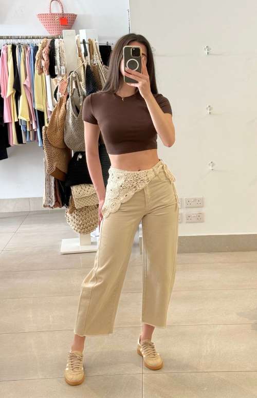 BARREL JEANS WITH CROCHET SCARF DETAIL