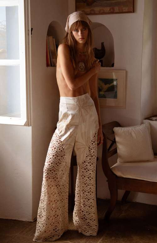 RADIANT PANTS | CROCHET EMBELLISHED SLEEK EMBROIDERED SATIN