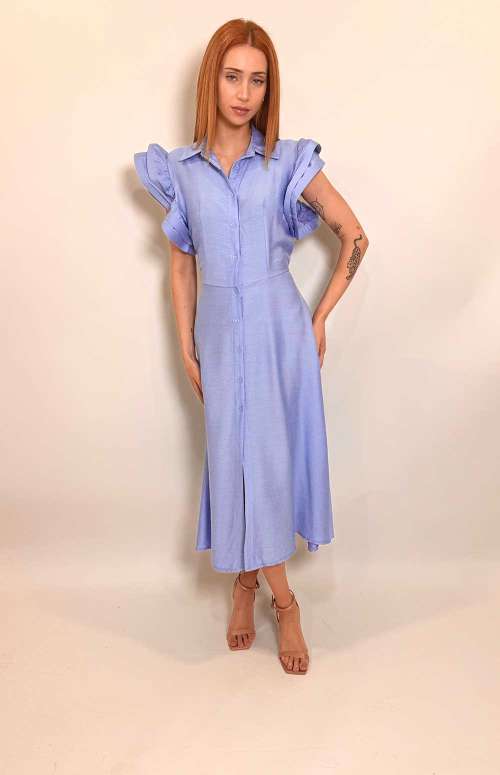 SHIRT DRESS WITH RUFFLE SLEEVES | BLUE