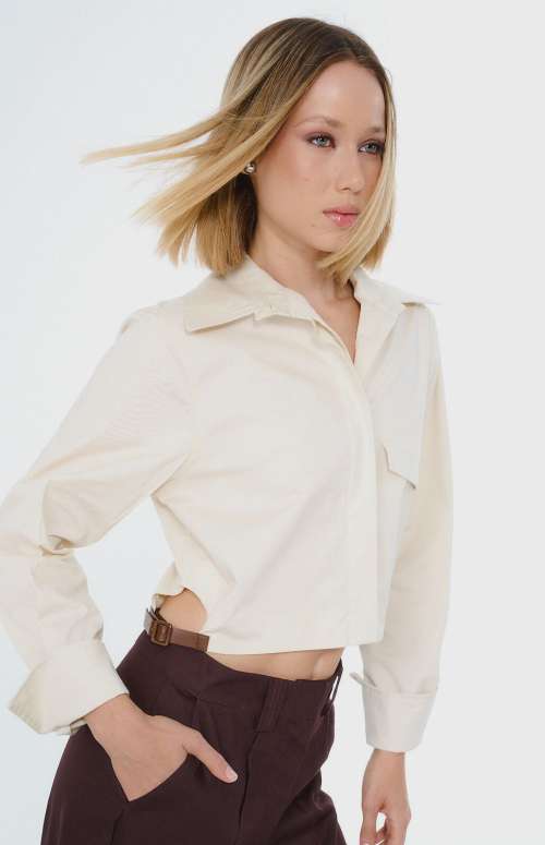 CROP SHIRT WITH FAUX LEATHER DETAILS