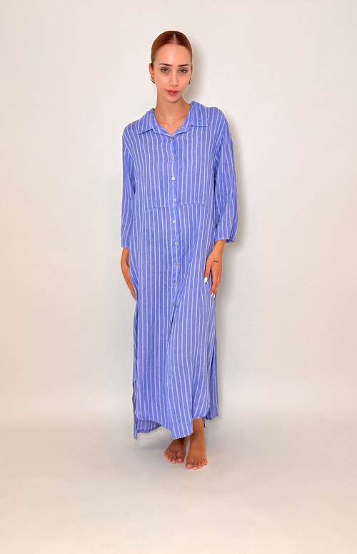 STRIPED LINEN SHIRT DRESS | BLUE