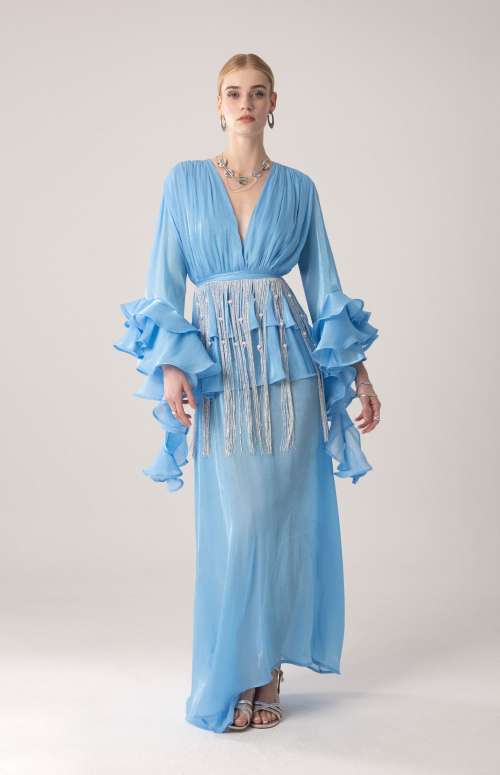 MAXI DRESS WITH RUFFLES - BELT WITH FRINGES