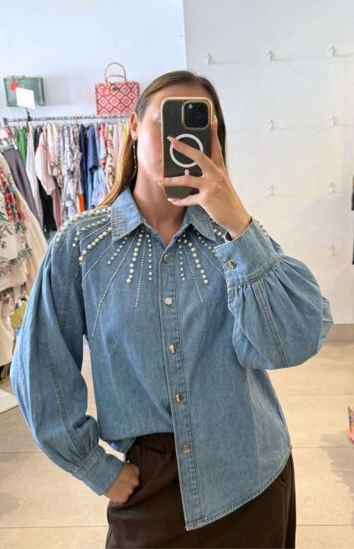 EMBELLISHED PEARL DENIM SHIRT