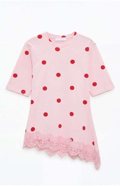 POLKA DOT T-SHIRT WITH LACE TRIM