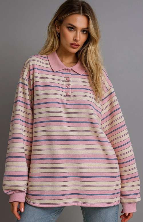 OVERSIZED STRIPED POLO-NECK TOP