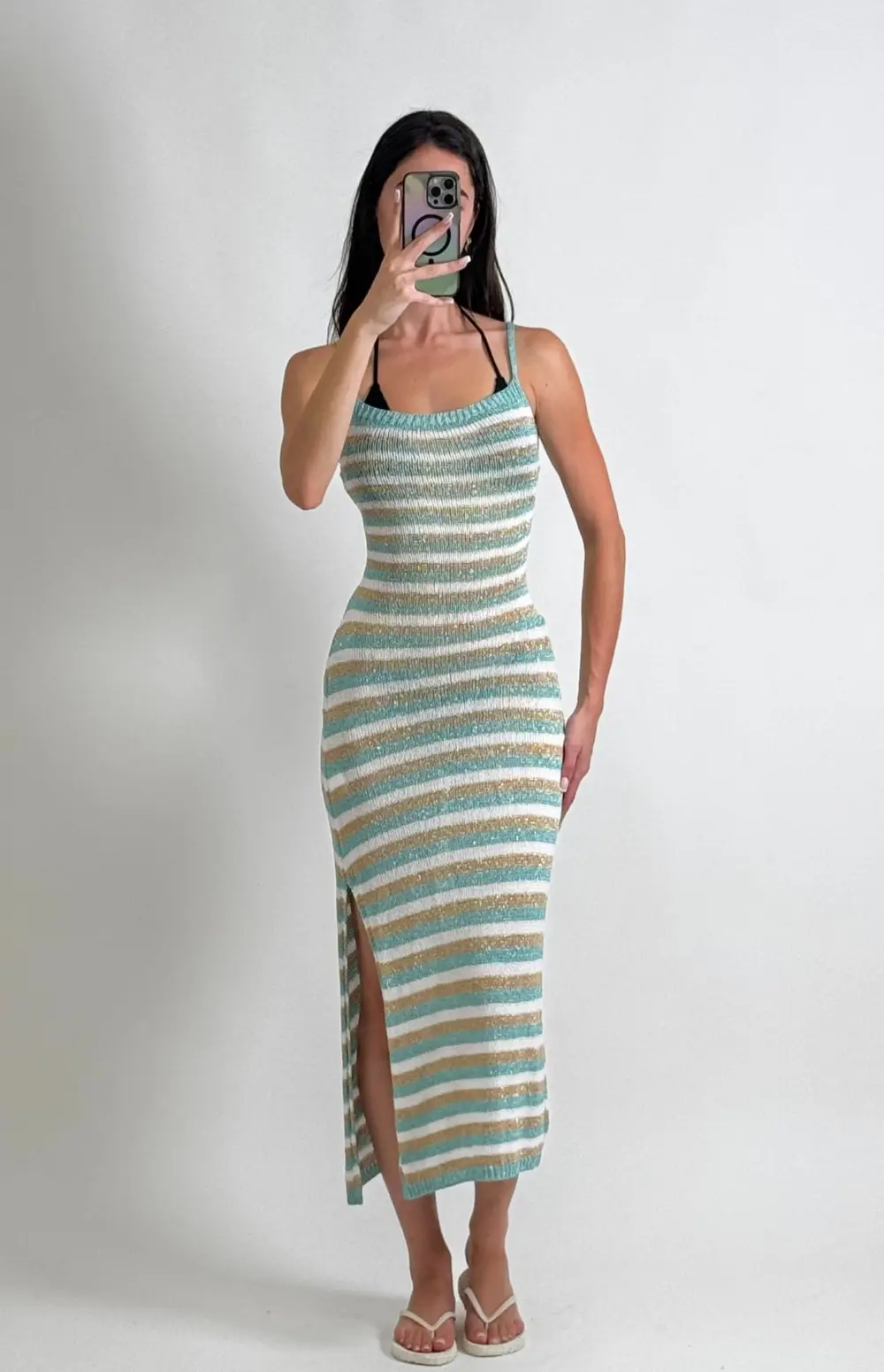 STRIPED KNIT OPEN BACK MAXI DRESS