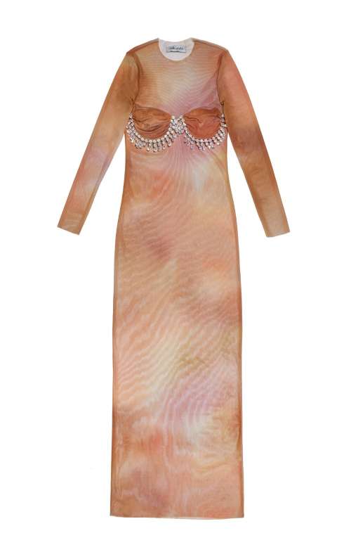 PRINTED LONG MESH DRESS WITH CRYSTAL DETAILS