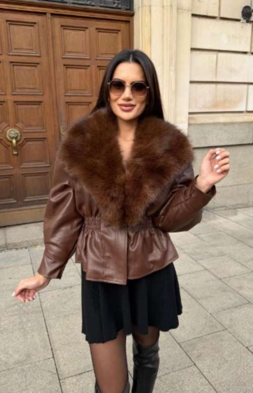 FAUX LEATHER JACKET WITH FUR & CINCHED WAIST