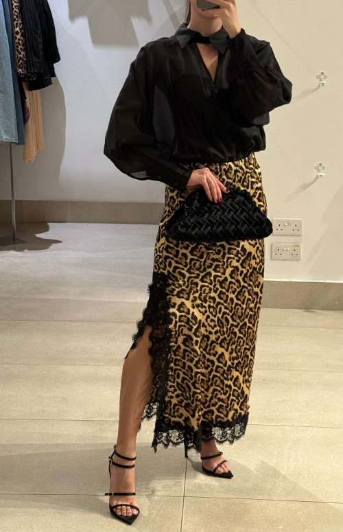 SATIN LEOPARD SKIRT WITH LACE TRIM