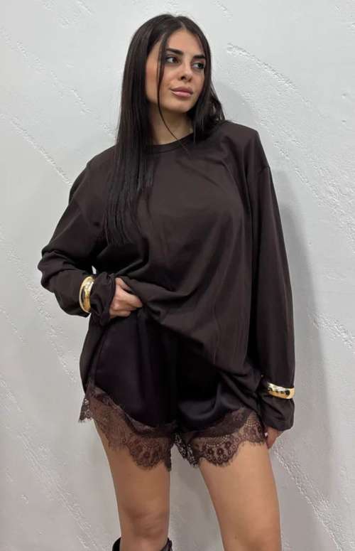 LONG SLEEVE TOP WITH SHOULDER PADS | DARK BROWN