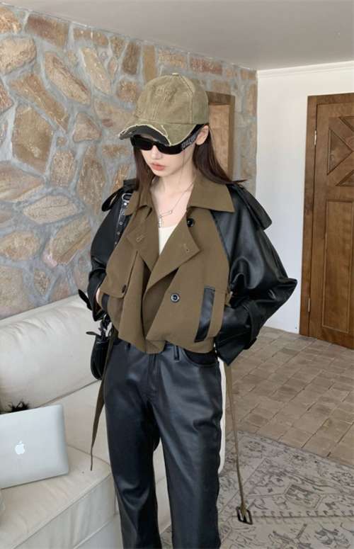 CROPPED TRENCH COAT WITH LEATHER SLEEVES
