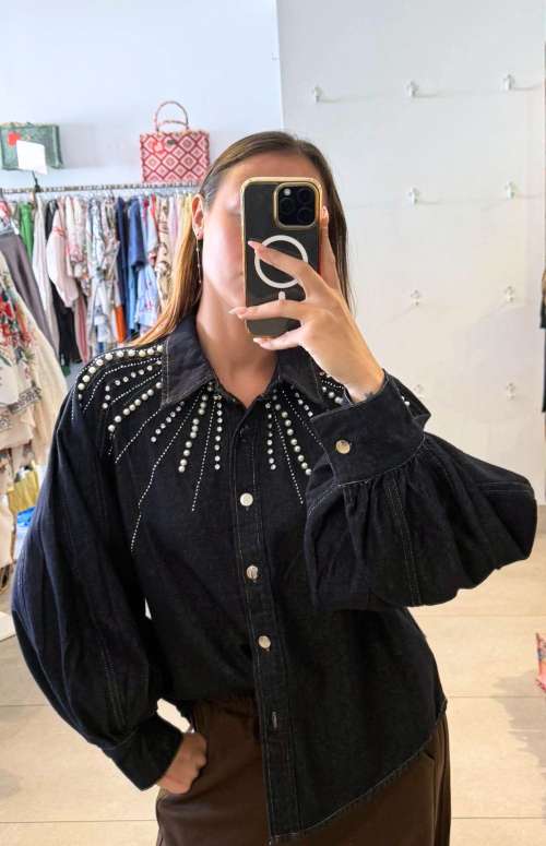 EMBELLISHED PEARL DENIM SHIRT