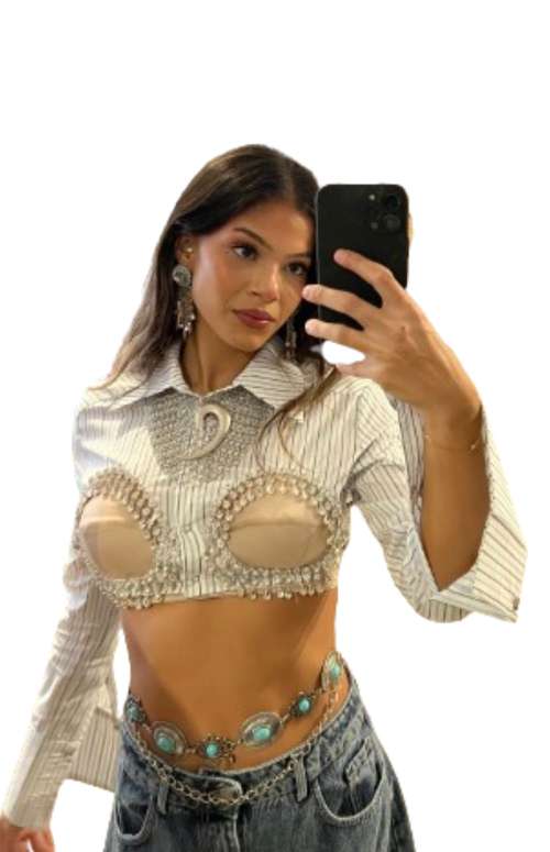 PRINTED CROPPED CRYSTAL SHIRT