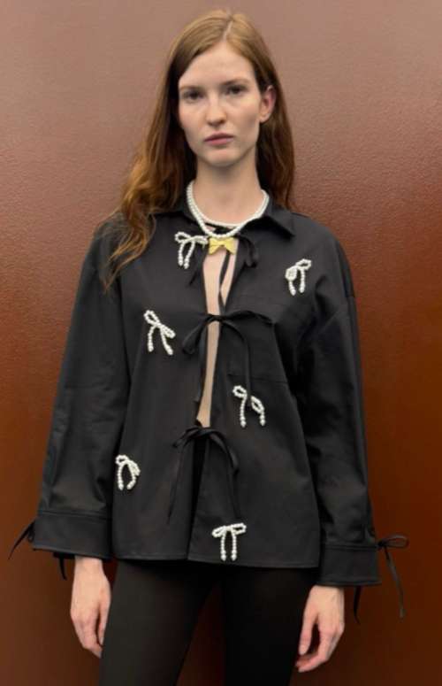 TIE SHIRT WITH PEARL BOWS