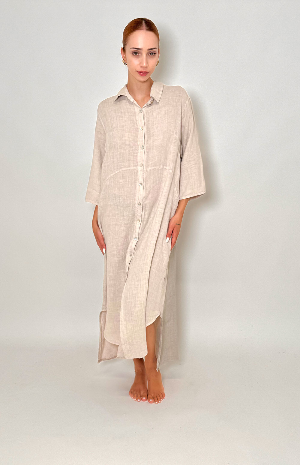 linen maxi dress sleeves Maxi Elegant Linen Shirt Dress with Short Sleeves & Side Pockets in Bl main image 0