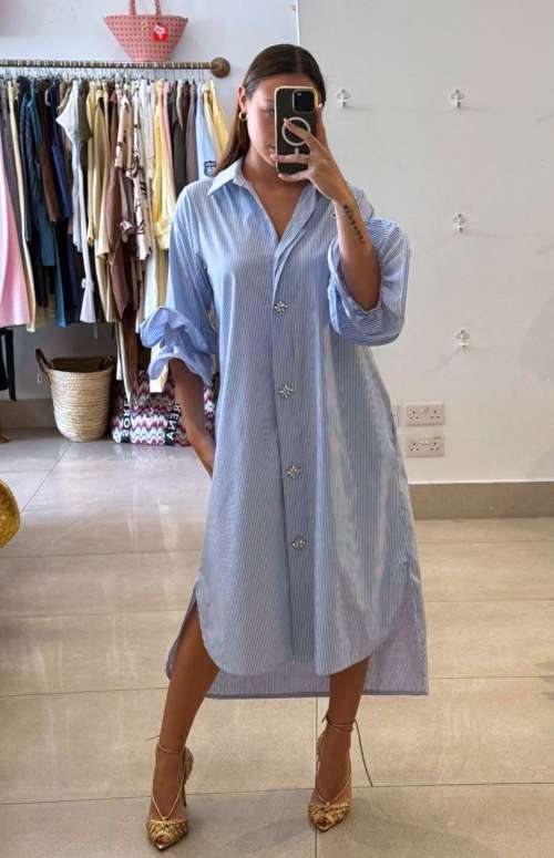 STRIPED SHIRT-DRESS WITH EMBELLISHED BUTTONS