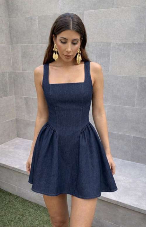 DENIM CORSET MINI DRESS WITH OPEN BACK-BOW DETAIL