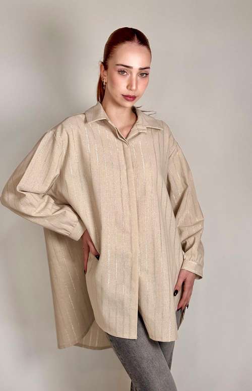 LINEN OVERSIZED SHIRT WITH SHINY STRIPES