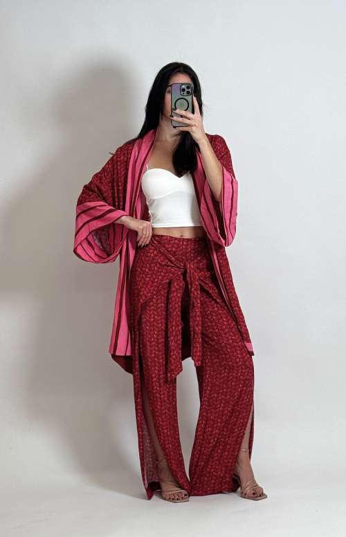 CO-ORD PRINTED |  KIMONO WITH EMBROIDERY & WIDE LEG PANTS