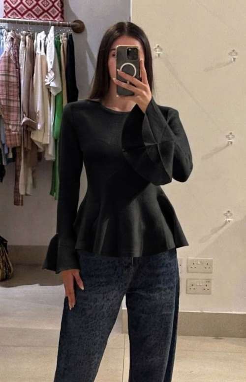 KNIT PEPLUM LONG SLEEVE TOP