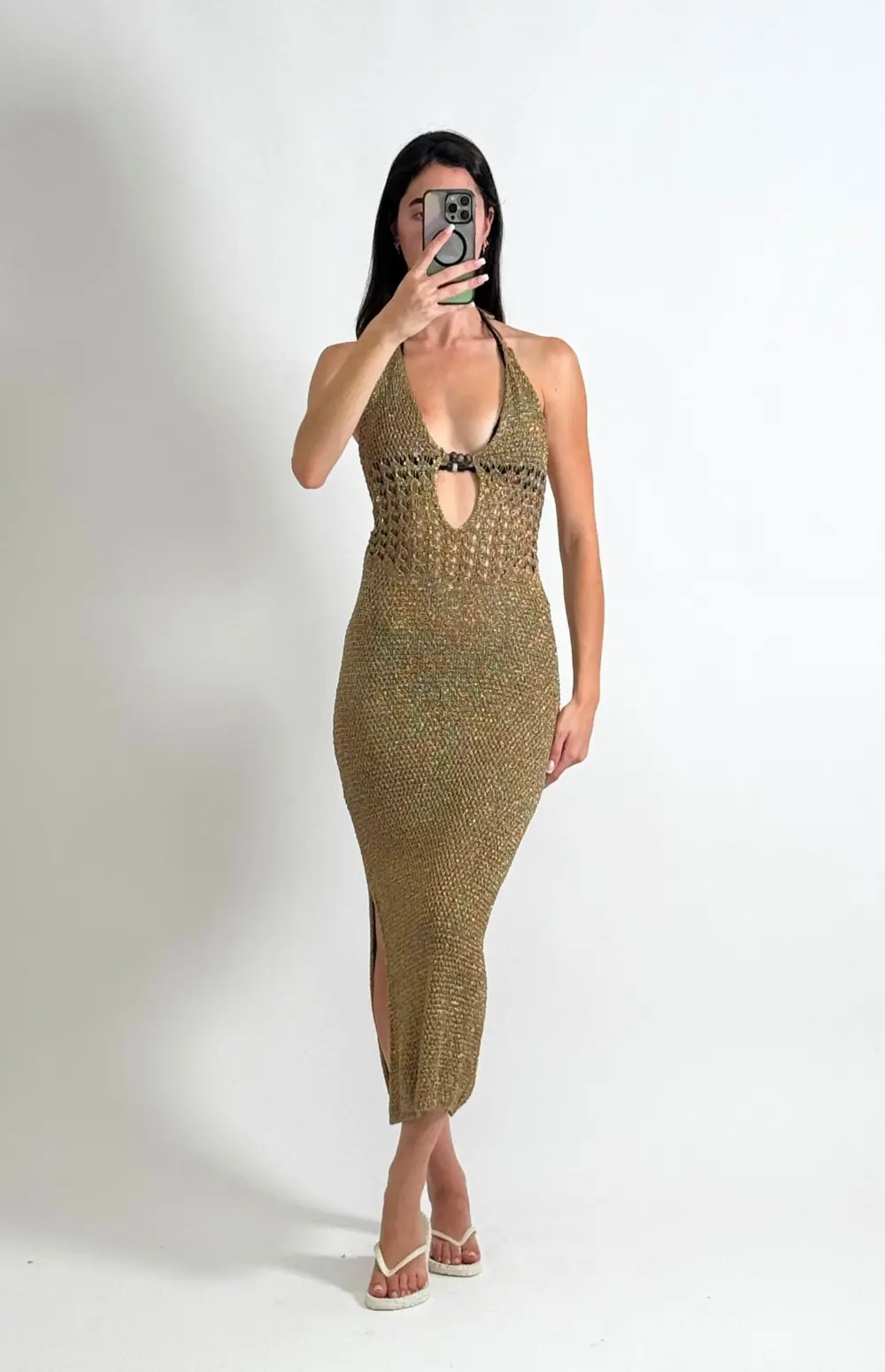 KNITTED HALTER DRESS WITH BEADS