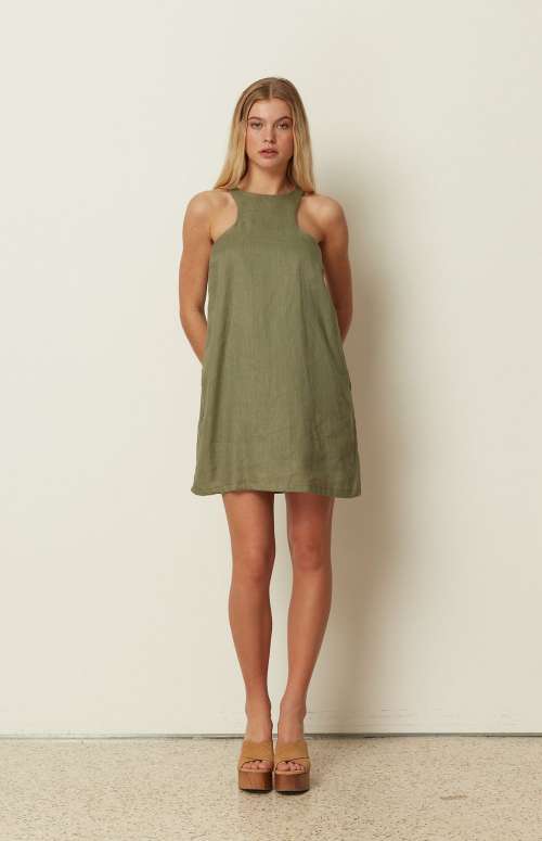 KHAKI LINEN MINI DRESS