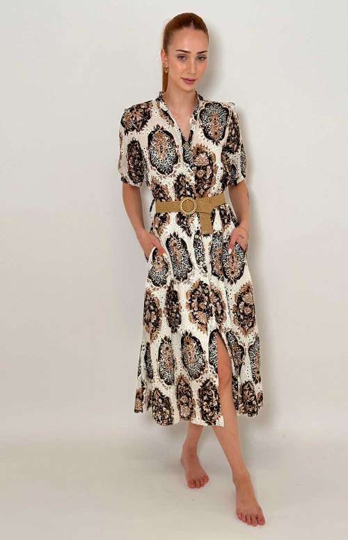PRINTED SHIRT DRESS WITH BELT | BROWN