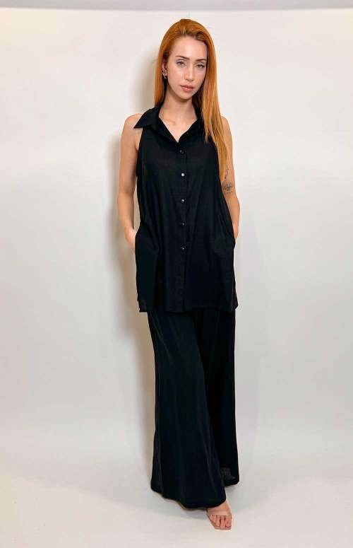 SLEEVELESS LINEN SHIRT | BLACK