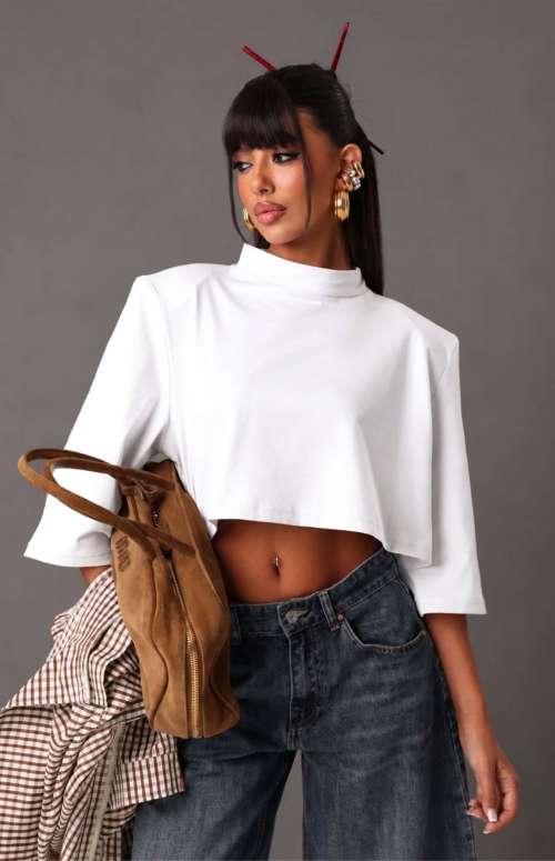 CROP T-SHIRT WITH SHOULDER PADS