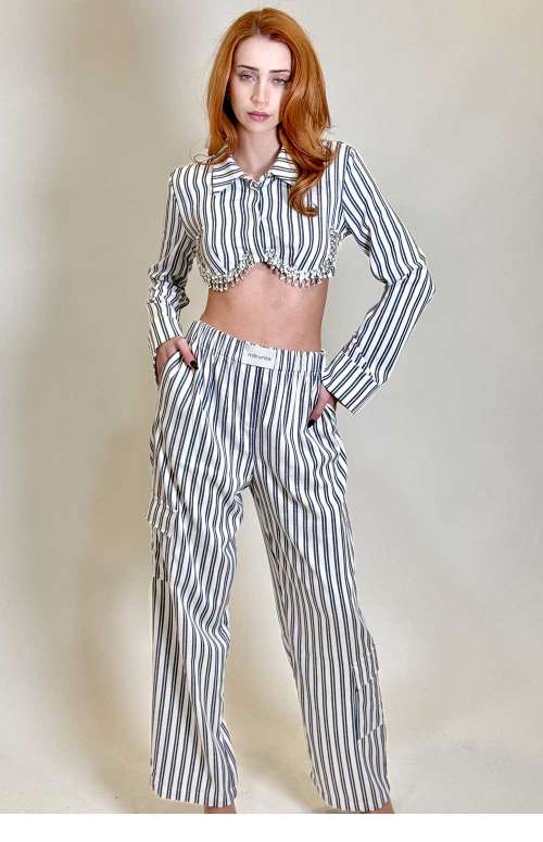 PURE LINEN STRIPED CO-ORD WITH CRYSTALS