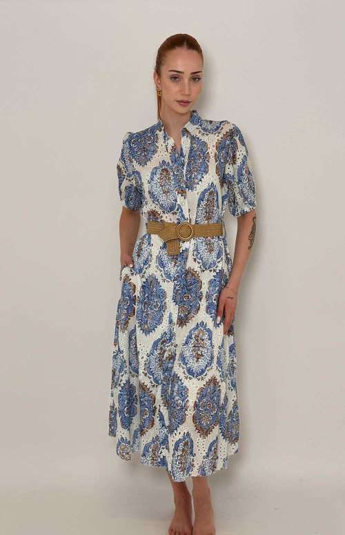 PRINTED SHIRT DRESS WITH BELT | LIGHT BLUE