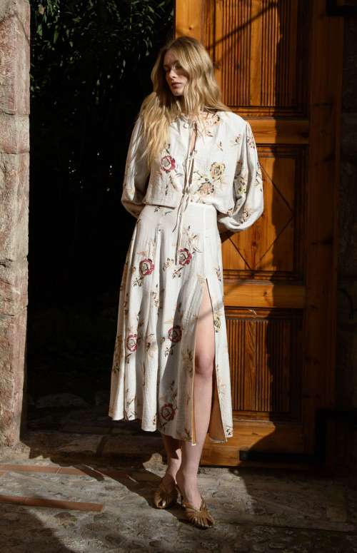 CO-ORD ALONG TOP CROCHET EMBELLISHED &  FLOW SKIRT FLORAL BEADED SLITTED