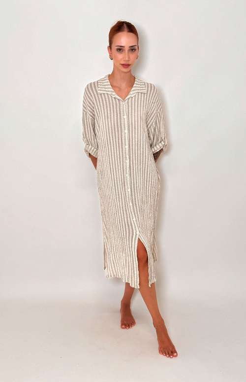 STRIPED SHIRT DRESS | BEIGE