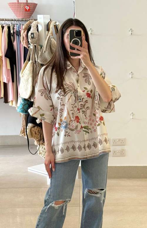 OVERSIZED SHIRT - FLOWERS&PALM TREES PRINT