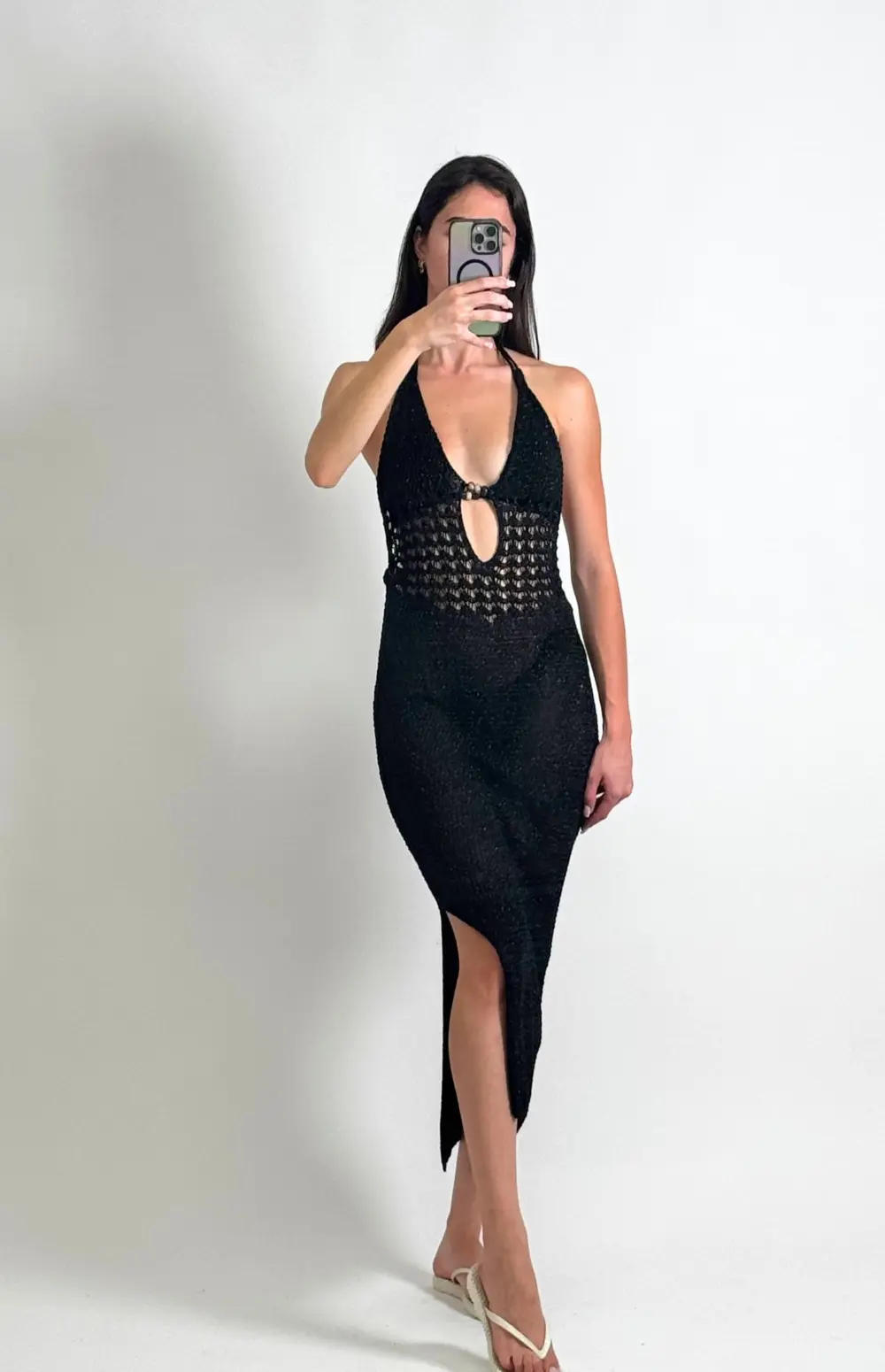 KNITTED HALTER DRESS WITH BEADS